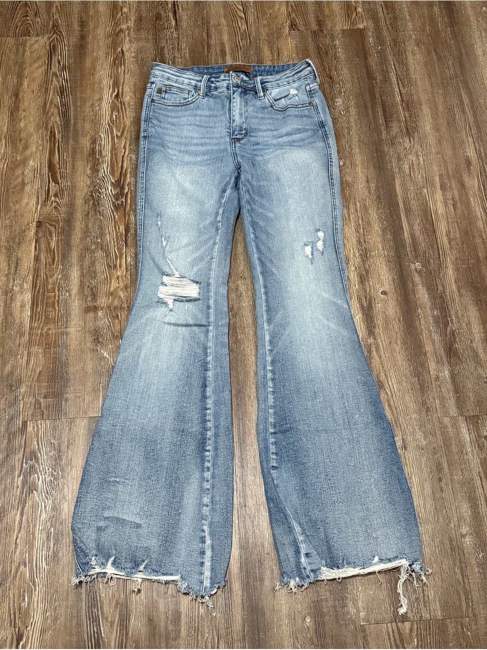 Judy Blue Bootcut Jeans Women's 7/28 Distressed Frayed Hem Classic Wash Denim